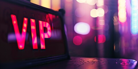 Close-up of a VIP check-in sign, focused, no humans, late night mysterious light 