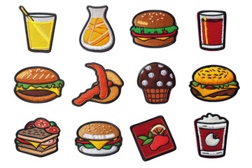 Colorful set of food and drink stickers including burgers, drinks, and snacks in a cartoon style.