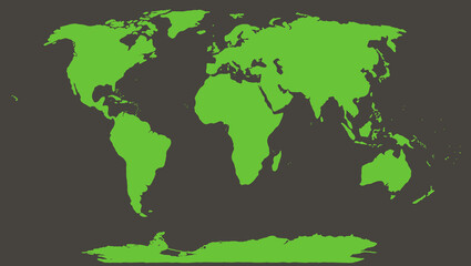 Green silhouette of the world map on the gray background.	