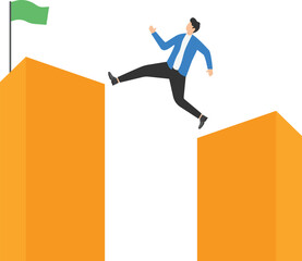 Businessman climbing over gap. Symbol of ambition, motivation, opportunity and courage, business challenge and success vector concept


