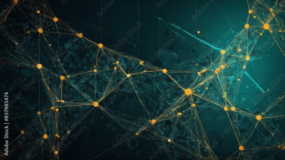 Aufkleber network of interconnected points depicted, with yellow dots representing nodes, white lines indicati