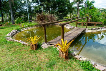 Wooden bridge over a garden pond. Ornamental plants. Horizontal.