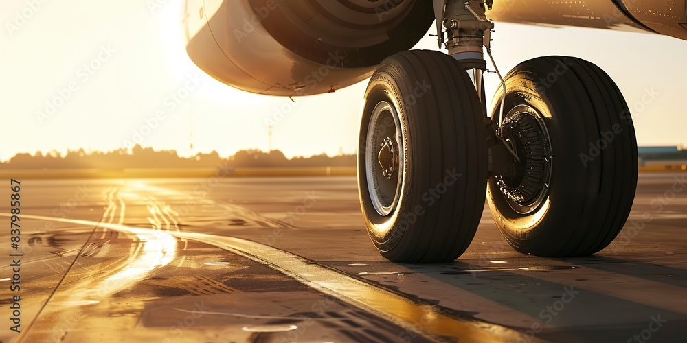 Canvas Prints Close-up of aircraft wheel lifting off, clear focus, sunrise light, no people 