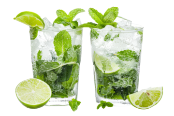 Two mojito glasses, garnished with mint leaves, lime wedges, and a refreshing splash of minty soda.