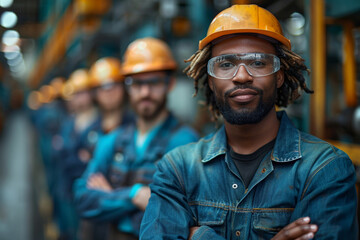 Worker advocacy and workplace inclusion with Create an illustration of worker advocates promoting workplace inclusion in a global industrial environment, with advocacy tools, diverse team members,