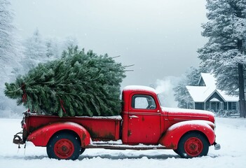 A red pickup truck carrying a Christmas tree on a snowy landscape background. The concept of celebrating Christmas and New Year.
