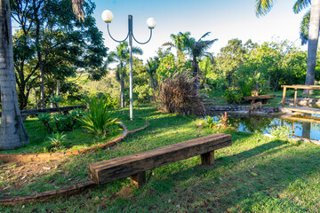 Wooden bridge over a garden pond. Ornamental plants. Horizontal.