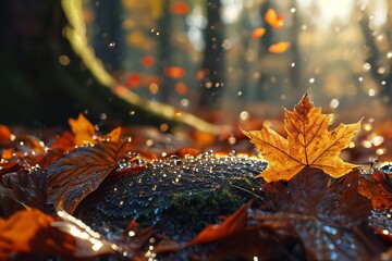 Tranquility of the forest floor captured in dew-drenched autumn leaves.