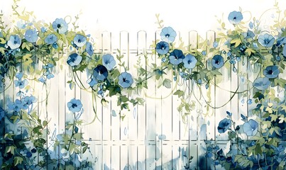 Morning glory fence, watercolor illustration, Generative AI