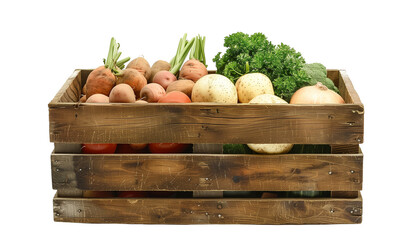 Wooden Box with Fresh Vegetables on Transparent Background