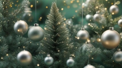 Green snow drifts and snowflakes greeting card. Different sweets and Christmas balls and snowflakes hanging toys. Vector illustration. Banner template, greeting card for Christmas or New Year