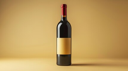 Close up of a blank white label on a bottle of red wine, on a light gold background