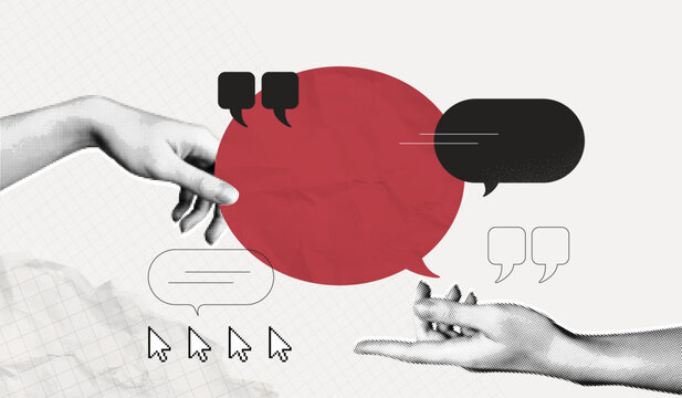 Trendy Halftone Collage with Hand holding speech bubbles. Social media communication. Contemporary art. Empty space for quote, plan and idea. Creative abstract template. Vector illustration
