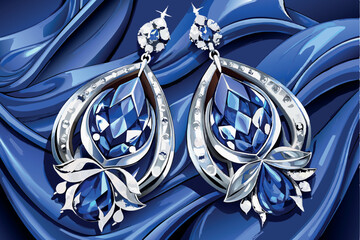 blue gemstone earrings with sapphires, in an intricate silver or white gold design. They are depicted against a blue patterned textile fabric, which accentuates the color of the stones.