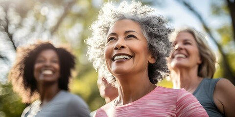 Naklejka premium Senior women from different backgrounds exercising outdoors together to promote health and wellness. Concept Health and wellness, Diversity, Outdoor exercise, Senior women, Community engagement