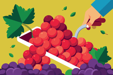 Fototapeta premium hands busy picking grapes. One can see ripe purple bunches being cut with scissors and put into a blue container. the theme is abundance of fruit and activity of harvesting.