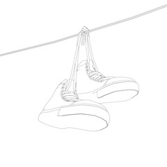 Contour Sneakers hanging from a rope on the white background. Vector illustration.