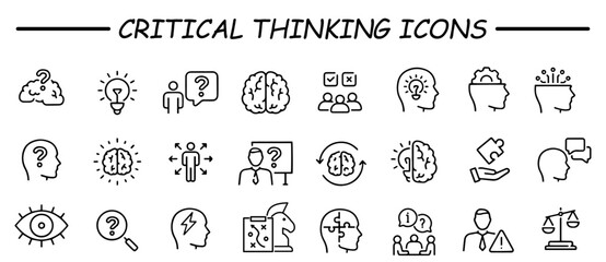 Critical thinking icon set. Containing think, problem-solving, analysis, reasoning, evaluation, experience, research, logic and listening icons. Solid icon collection.