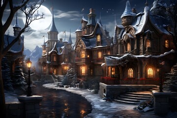 Illustration of a winter night in the village with the moon.