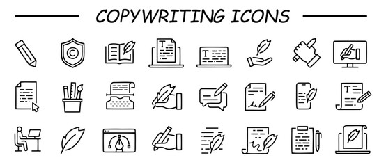 Copywriting icon set. Simple Set of Text Related Vector Line Icons. Contains such Icons as Write Review, Creative Article Writing, Internet Content Editing and more.