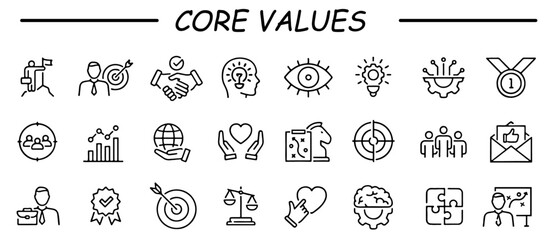 Integrity, Target purpose and Strategy. Core values line icons. Trust handshake, social responsibility, commitment goal icons. Growth chart, innovation, core values network. Vector