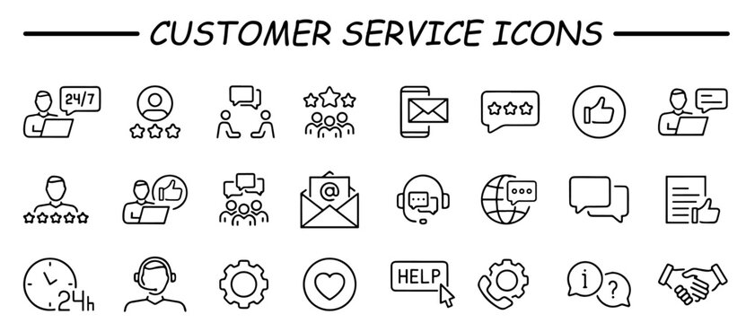 Customer service icon set. Containing customer satisfied, assistance, experience, feedback, operator and technical support icons. Solid icon collection.