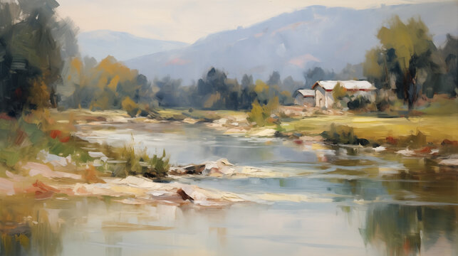 Impressionist art summer landscape with river and farmhouse