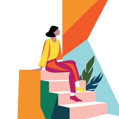 Young woman sitting colorful geometric steps, looking thoughtful, modern abstract background. Female figure wearing yellow top, pink pants, calm pose stylized illustration. Artistic portrayal