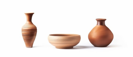 Ceramic vase, clay pot, and decorative bowl isolated on a white background.
