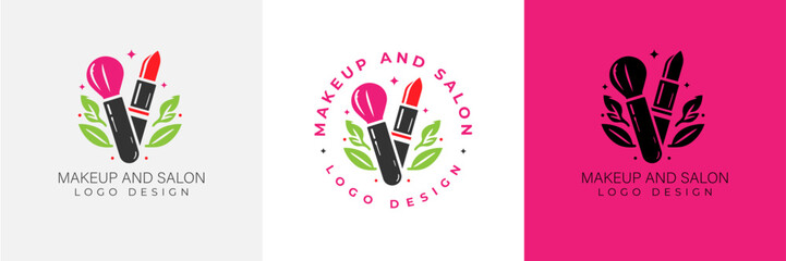 Makeup artist logo logo concept. Beauty Set for make-up: lipstick, mascara brush, makeup brush and leaves. beauty salon Logo vector template illustration