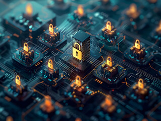 Obraz premium Design a sleek and modern aerial view of a data center surrounded by a shield of digital locks, portraying strength and security in a digital world