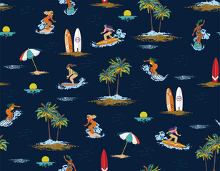 Hand Draw Art Summer women surfer Tropical Palm Tree Island With Hawaii Islanders Surf Activity, Floral Seamless © MSNTY_STUDIOX