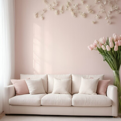 Soft pink and beige living room with a couch adorned with cushions and a wall decorated with branch ornaments and tulips. Modern living concept. Copy space. Interior design.