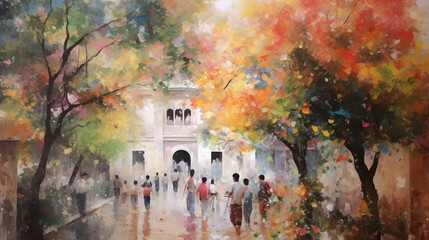 Summer street scene in impressionist art style