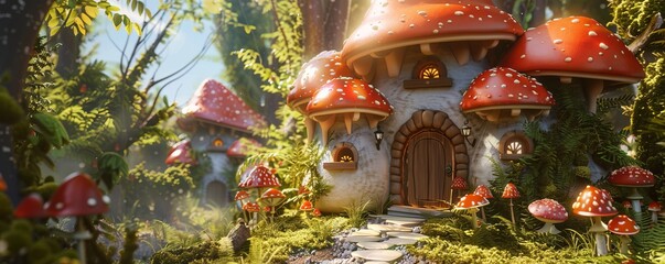 Fototapeta premium cartoon house in a mushroom in the forest.