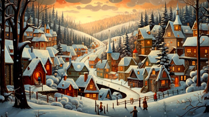 town in snow forest background