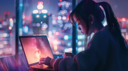 Asian girl is sitting at her laptop