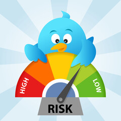 Risk Assessment  Evaluation Management Business Concept. Low Risk Level Meter with Happy Blue Bird