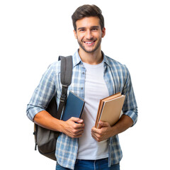 Portrait of smiling  university student boy with backpack and holding books,  isolated on white background