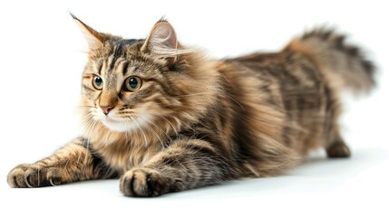 Naklejka premium A beautiful, long-haired tabby cat with striking fur patterns and green eyes laying down on a white background.