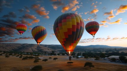 Four hot air balloons are flying in the sky over a dry, barren landscape