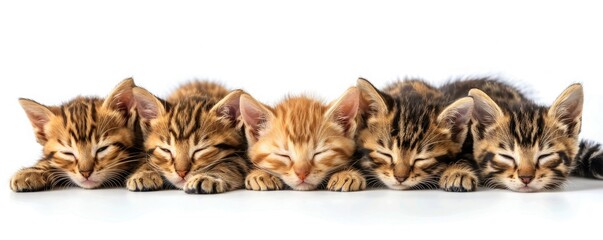 Adorable lineup of five tabby kittens sleeping together, displaying their cute and peaceful demeanor against a white background.