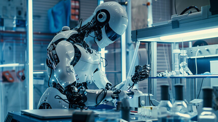 Robotics Engineer Fine-Tuning a Humanoid Robot in an Advanced Laboratory with Intricate Machinery and Cutting-Edge Technology