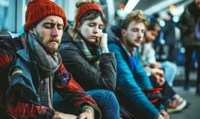 Fototapeta premium Group of commuters in a transportation environment who looked clearly tired