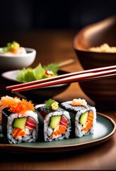 freshly made sushi roll being held wooden chopsticks white plate, japanese, cuisine, asian, traditional, isolated, background, healthy, seafood, rice, raw,