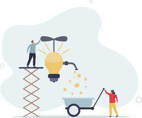 businessman open lightbulb idea faucet to earn money coins.flat vector illustration.