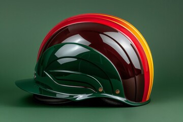 Fototapeta premium A close-up shot of a vibrant green and red jockeys helmet with a gold trim, isolated against a green background.