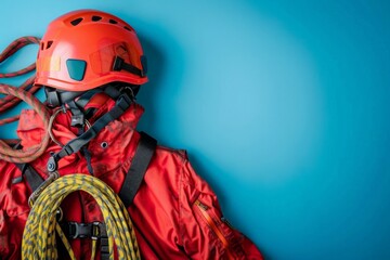 Obraz premium A red helmet, safety harness, and rope laid out on a blue background, ready for an exciting climb.