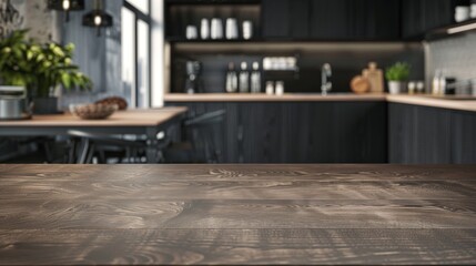 Polished wooden table perspective over a blurred kitchen backdrop