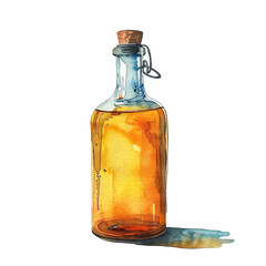 Vintage glass bottle with cork stopper filled with amber liquid. Hand-drawn watercolor illustration on white background.